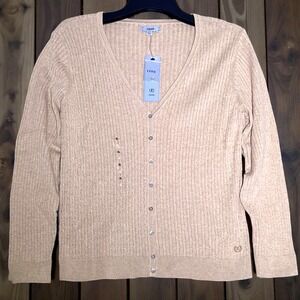 IZOD Button Down Cardigan Sweater Women's XL Beige V-Neck‎ Cable Knit Preppy NWT